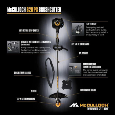 MCCULLOCH Coupe-bordures thermique B26 PS – Largeur coupe 40cm – Démarrage facile SoftStart – Réservoir 0.55L – (96720