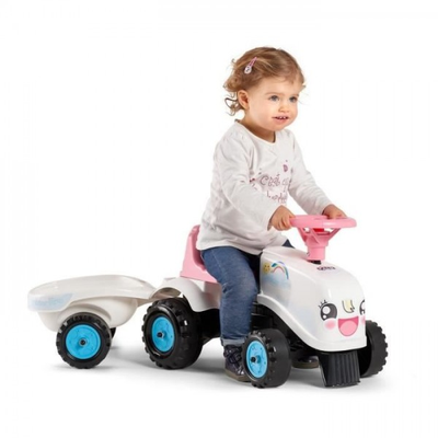 Porteur Trotteur  Tracteur Rainbow Farm avec remorque - FALK - Pour filles des 1 an - Formes rondes et couleurs pastels